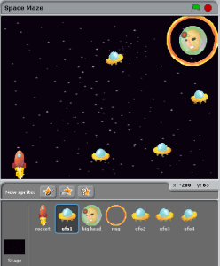 Scratch project to navigate a rocket through a maze of UFOs to show velocity.